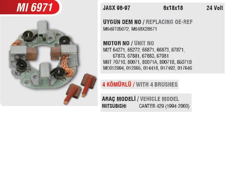 Marş Kömür Yuvası 24 V Mitsubishi. Canter Çift Tek. (Uygun Kömür:JASX96, 97) | OEM MI6971