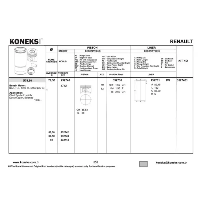 Piston Segman 79,5MM Std Megane 1.4 Cc 8V (K7J) | KONEKS 232740 | OEM YENMAK 4169-STD