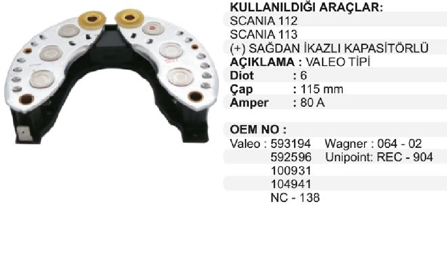 Diyot Tablası Valeo Tip -, + Tek Fiş, Citroen Bx (93)-C 15 1.3 (88), Peugeot 309-205-405 1.4 (92) (Lamb | OEM VPR0203