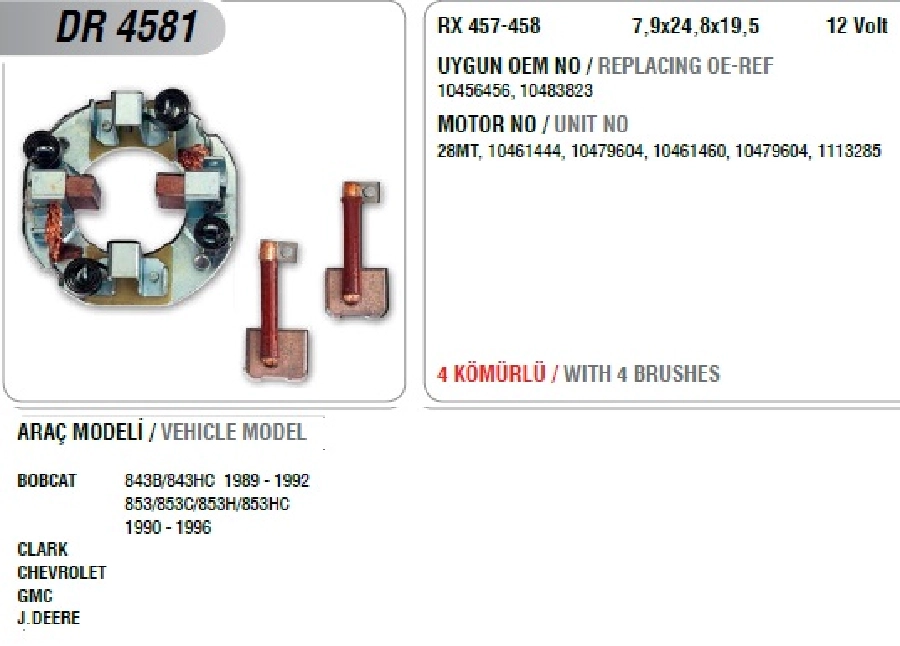 Marş Kömür Yuvası 12V 28MT Bobcat, Clark, Gmc, Chevrolet, J Deer (Uygun Kömür: Rx 457, 458) | OEM DR4581