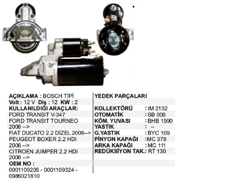 Marş Motoru 12V 12D 2,0 kW Bosch Tip V-347, Boxer, Ducato, Jumper | OEM STR6840
