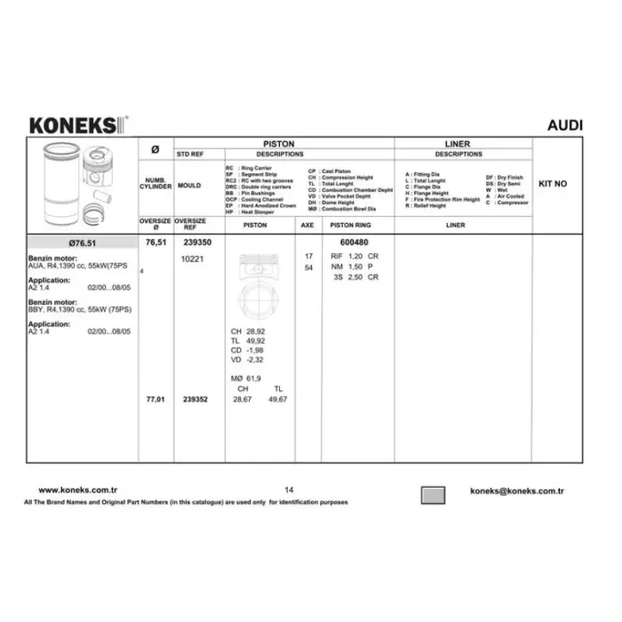 Piston+Segman (76,51MM Std) Golf 4 Bora Cordoba Arosa A2 Ibiza 2 / 3 / 4 Inca Leon Toledo 2 Fabia Octavia Lupo 1,4 16V Afh Afk Ahw Akq Ape Aua Aub Axp Bby Bbz Bca 96>08 | KONEKS 239350