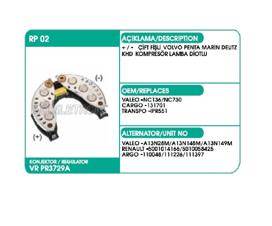 Diyot Tablası Valeo Tip 40A Soldan İkazlı - + , -Cıft Fişli, Volvo Penta, Marın, Deutz Khd Kompresor | OEM 01653