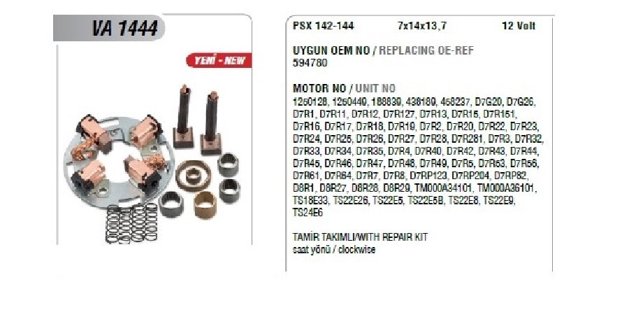 Marş Kömür Yuvası Valeo Tip Set - Tüm D7R Marşlar İçin Clio-Megane-Kango Yuva + Yay + 3 Rulman (Psx 142, 144 | OEM VA1444