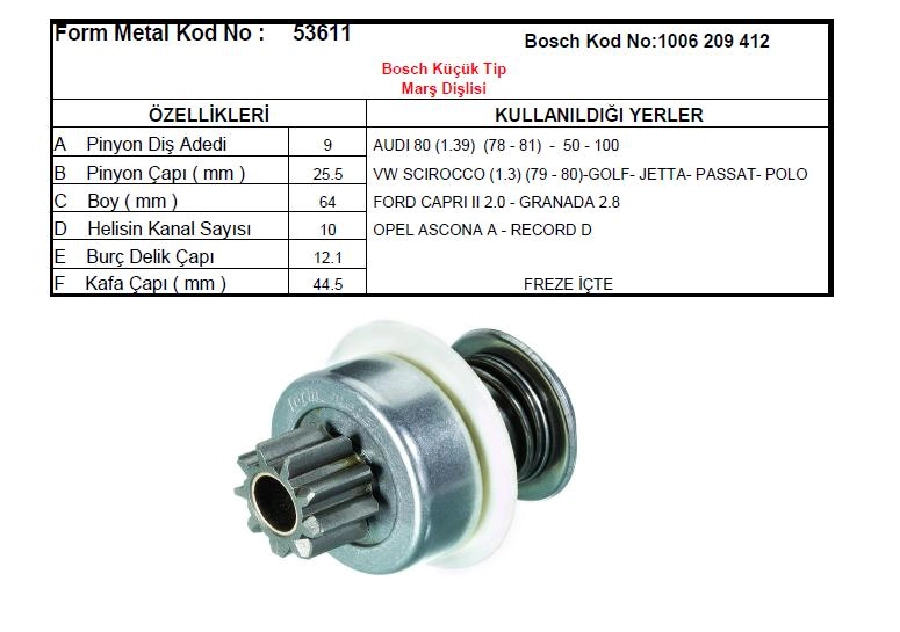 Marş Dişlisi 9D 10 Kanal Bosch Tipi Audi 50,80,100-Ford Caprı, Granada | OEM 53611