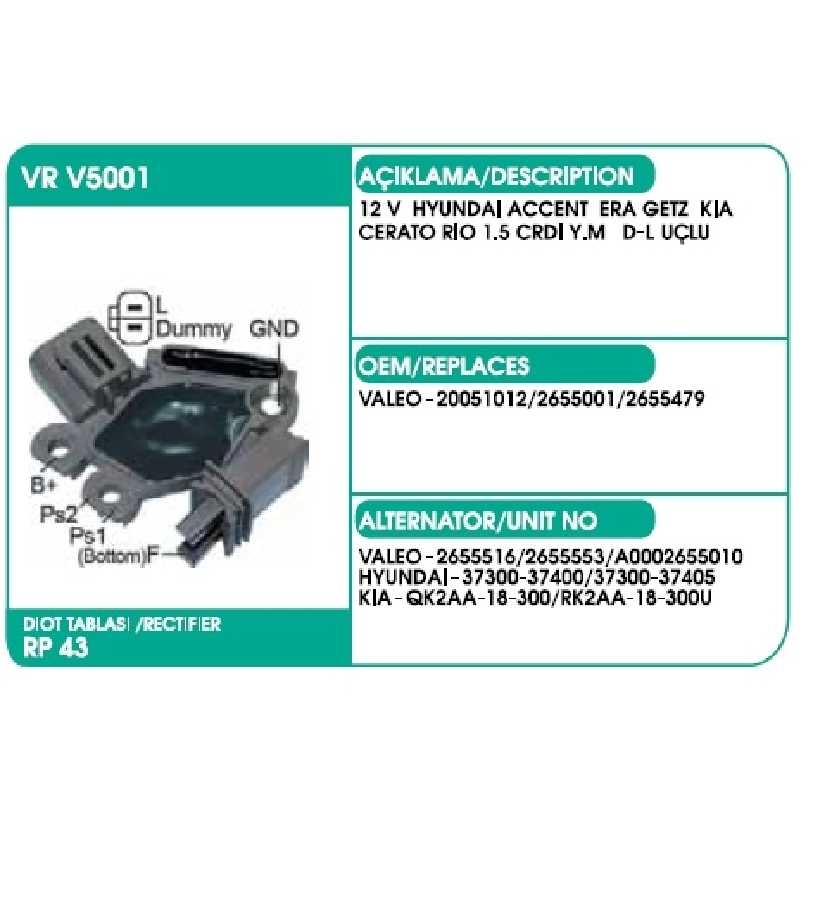 Konjektör Valeo Tip - 12V Hyundai Sonata 2.5L Accent Era -Getz -Kia Cerato -Rio 1.5 CRDI Yeni Model (D-L) Uç | OEM VRV5001