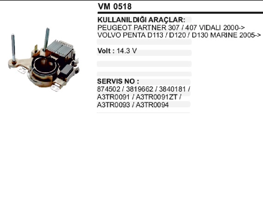 Konjektör Mitsubishi Tip - 12V 115AMP Partner, 307, 407 Vıdalı Volvo Penta D4-250, D6-310 Marine | OEM VRH2009-153