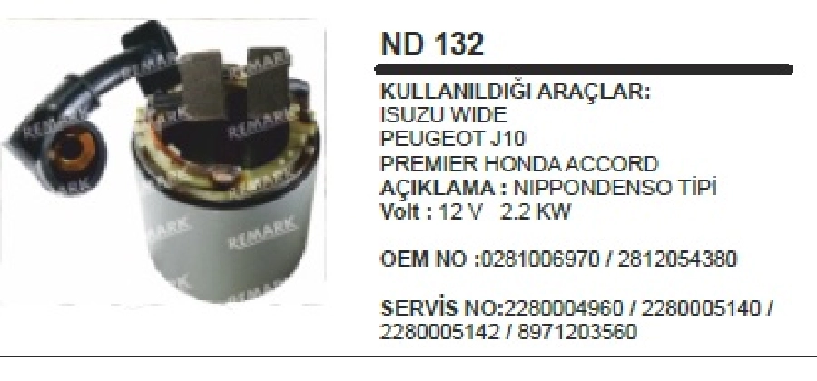 Marş Yastığı Gövdeli - Denso Tipi Isuzu Wıde, Peugeot J9, J10 Premıer 2.2 kW EN:67,5mm BOY:78mm | OEM ND132