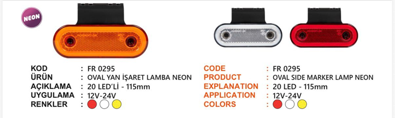 Fr Oval Yan İşaret Lamba Neon 20 Ledli Kırmızı Braketli 12-24 Volt