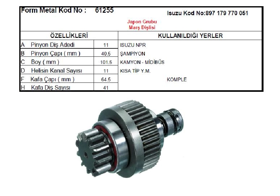 Marş Dişlisi Kısa 11D - Isuzu Npr-Champion Mıdıbüs Kısa Tip - Yeni Model | OEM 61255