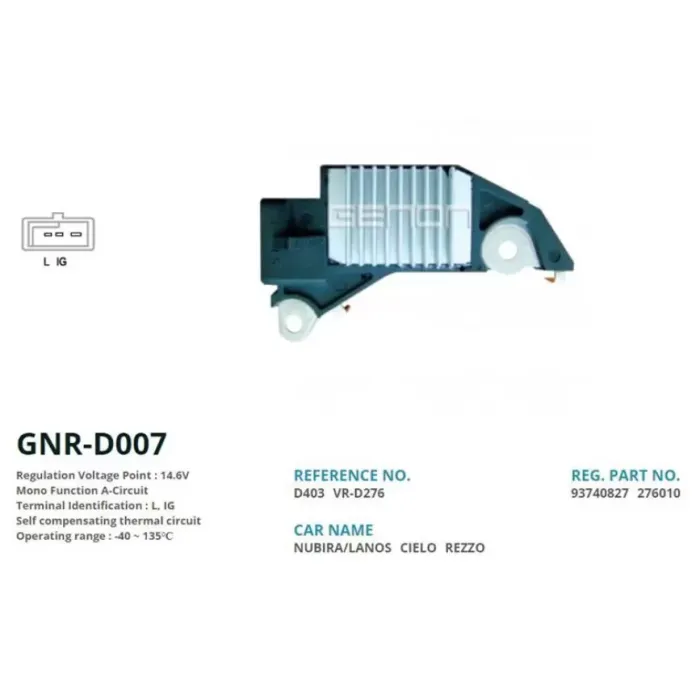 Alternator Konjektor Delco Tip 12V Daewoo Nubira - Lamos - Espero / Chevrolet Rezzo Gm 3 Fis (L, Ig) | GENON GNR-D007 | OEM VR-D276 D403 93740827 276010