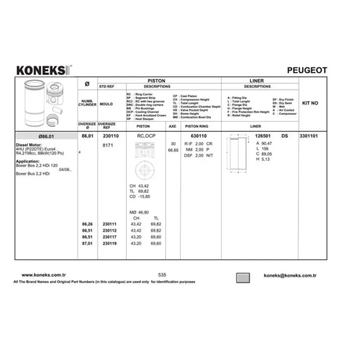 Piston+Segman 86,00MM Std Boxer 3 Jumper 3 22DT Puma Transit V347 Mondeo Duratorq 2,2 Tdci 120PS / 130PS / 150PS Mondeo 06> | KONEKS 230110 | OEM 6C1Q 6110 AAB 0628S6 0628S7 0628S8