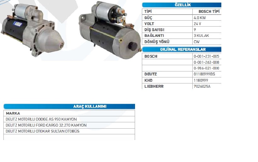 Marş Motoru 24V 9D 4,2 kW Bosch Tipi Ford Cargo kW (Ev, R) Ford 3226, 3227 Kırkayak, Khd (231 Seri) | OEM WUT.1107.0048
