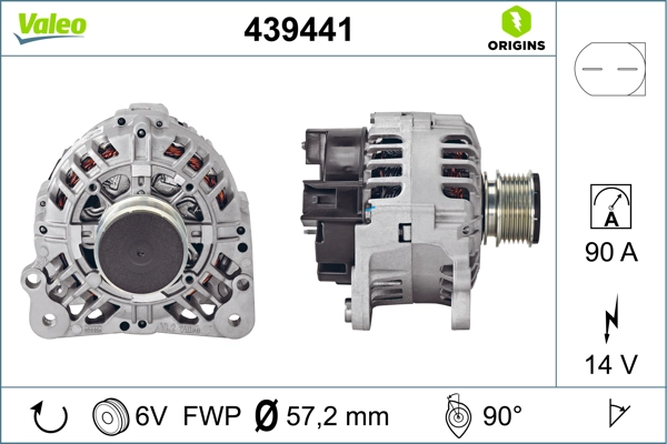 Alternator 12V 90A A3 A4 Cordoba Ibiza Fabia Leon Bora Passat Caddy Golf 1,6 / 1,8 / 1,9 | VALEO 439441 | OEM 038903023L 038903023L 038903023R 038903024D 038903023R 038903024D