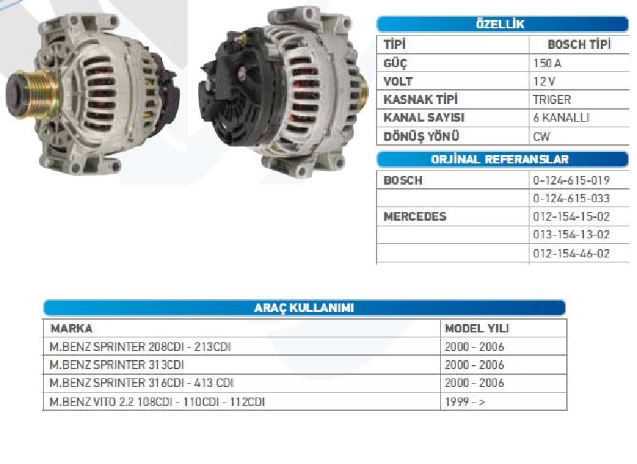 Alternatör 12V 150A Bosch Tipi Mercedes Benz Sprinter 208CDI-213CDI-308CDI-313CDI-316 W ALT12384 | OEM WUT.1101.0095