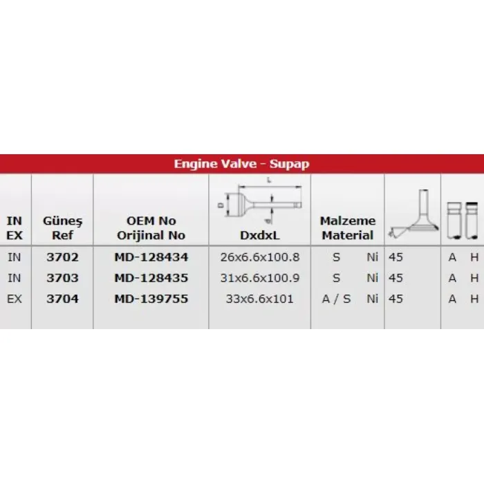 Subap Takimi Colt Mirage 4G 13 / 15 (In 4 / In 4 / Ex 4) | GUNES 3702-3703-3704 | OEM MD128434 MD128434 MD128435 MD139755 MD128435 MD139755