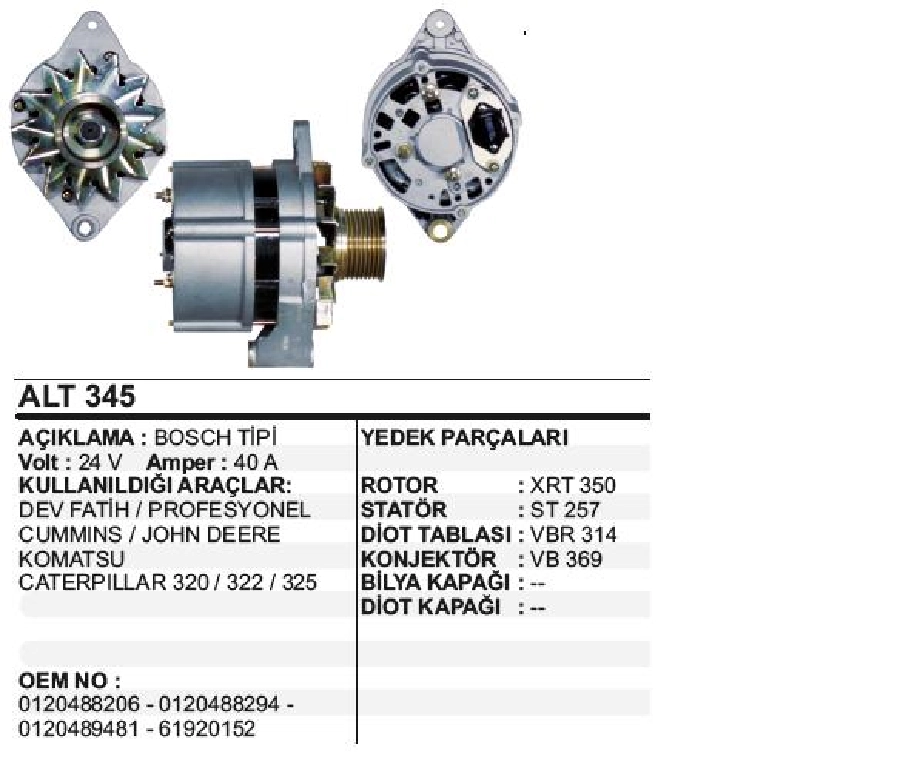 Alternatör 24V 40A Bosch Tipi Dev Fatih, Prof., Kummins, John Deere, Komatsu, Cat 320, 322, 325 Pule 8 Kanallı | OEM ALT345