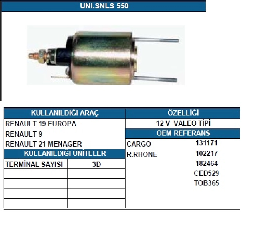 Marş Otom. 12V. Valeo Tipi Renault 9, Master R18 Safrane 2.1 Td Trafik 2.0L-2.1L-2.2L, Volvo 340 Eski Model | OEM SSL8003