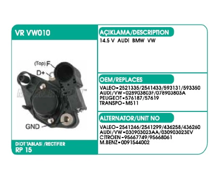 Konjektör 12V Valeo Tip - Ducato, Citroen Jumper, Peugeot Boxer Partner 92,97-106,306 92-95, Audi 80-100 | OEM VRVW010