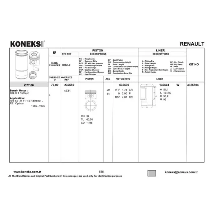 Motor Kiti (Piston + Segman + Gomlek) R21 Optima Fairway R9 R19 1.6 (77,00MM) / (Std) | KONEKS 3325804 | OEM YENMAK 8202-000