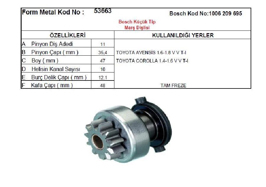 Marş Dişlisi Bosch Tip 11 Diş Toyota Avensis 1.6 Corolla 1.6 Benzinli | OEM 53663