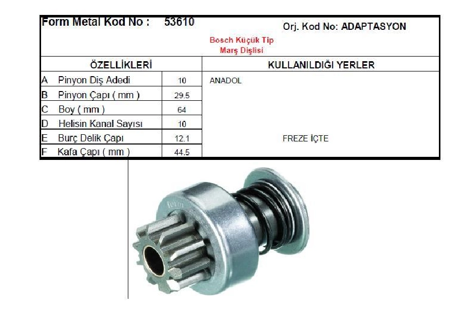 Marş Dişlisi Bosch Tip 10D - Anadol Adaptasyon | OEM 53610