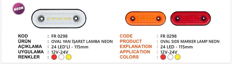 Fr Oval Yan İşaret Lambası Neon 24 Ledli Sarı 12-24 Volt