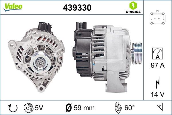 Alternator 12V 97A Berlingo Peugeot 106 206 306 Partner 1,4 / 1,6 | VALEO 439330 | OEM 57055Z 57055Z 57056W 57056X 57056W 57056X