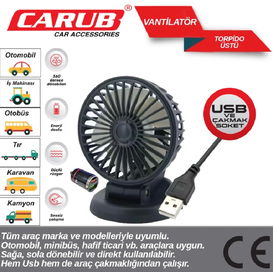 Vantilatör 12V-24V Torpido Üstü Tekli USB + Çakmak Dönüştürücülü | OEM BR6400618