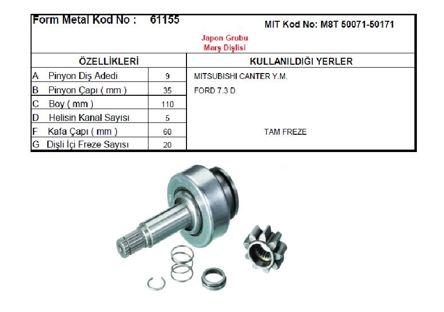 Marş Dişlisi 9D - Mitsubishi Tipi Caterpillar Ford Cargo Mitsubishi Canter Yeni Model | OEM 61155