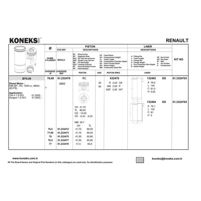 Motor Piston+Segman Clio Kangoo (Pim Capi 26MM) (1.5 Dci K9K Bp) [(76.00MM Std)] | KONEKS 232470 | OEM MAHLE 0220100