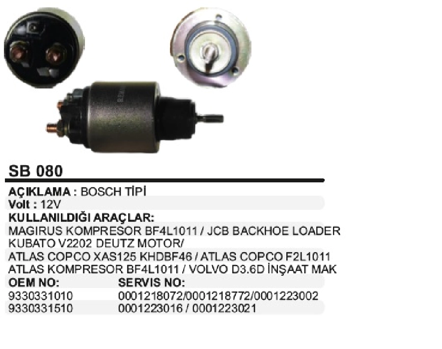 Marş Otom. Bosch 12V. Deutz, Jcb, Atlas Copco 223 Marslarda Ducato, Jumper, Boxer, Magirus Minibüs Yeni Model 218 | OEM SB080