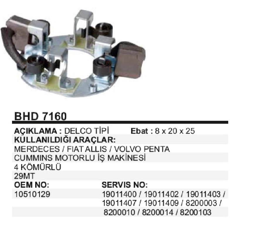 Marş Kömür Yuvası 12V Delco Tipi Mercedes Benz, Cummıns Is Makınası 29MT | OEM BHD7160