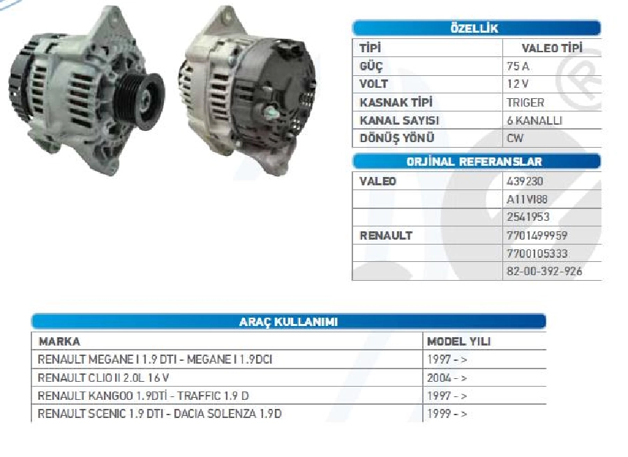 Alternatör Valeo 12V 75A DİNAMO1 Megane I 1.9DTİ-Clio 2 2.0 16V-Kangoo D55 1.9D-Scenic I W ALT21400 | OEM WUT.1101.0152