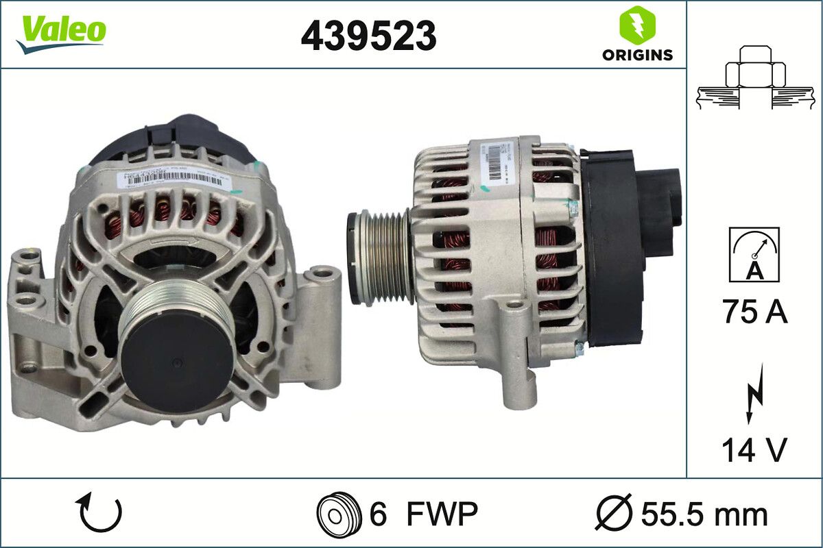 Alternator 12V 75A Linea Punto 1,3D Astra H Meriva Corsa 1,3 CDTI | VALEO 439523 | OEM 51784841 51784841 55185075 55185075