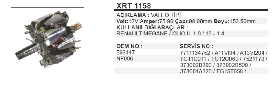 Rotor Valeo 12V 75-90A CLIO2, Megan ÇAP:98,3mm BOY:151mm | OEM XRT1158