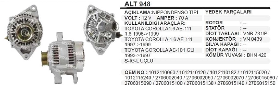 Alternatör N Denso 12V 70A Toyota Corolla 1.6 | OEM ALT948