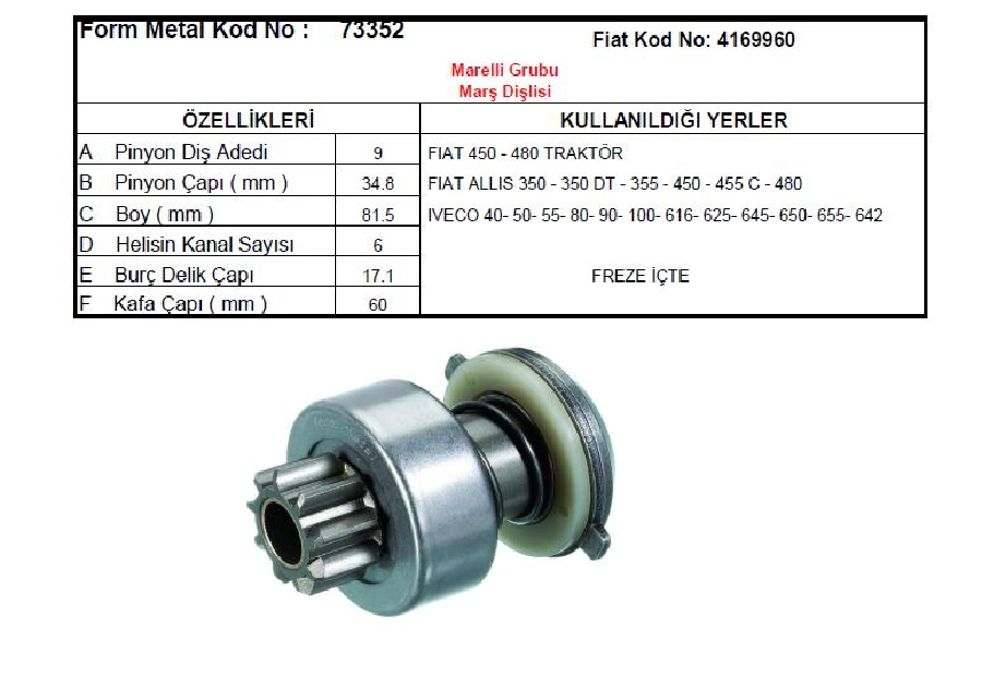 Marş Dişlisi 9D Marelli Tip - FIAT450,480, Iveco 40,50,55 | OEM 73352