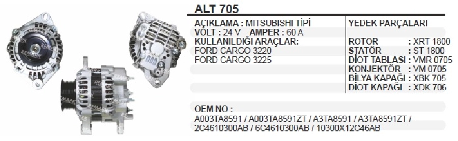 Alternatör 24V 60A Mitsubishi Tipi Ford Cargo, 1824, 2524, 3220, 3225, 3227, 3230 2008 ve sonrası, 8 Kanallı Kasnak | OEM ALT705