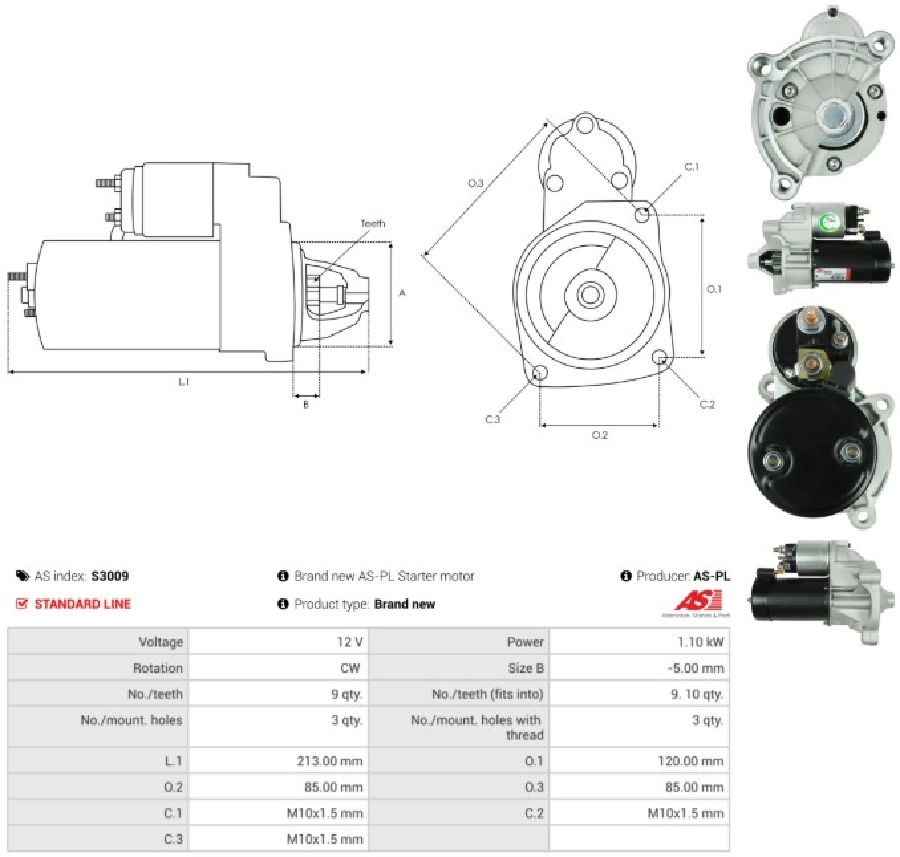 Marş Motoru 12V 9D 1,1 kW Valeo Tip Partner Ducato 508 Berlingo C4 C5 206 307 308 406 407 408 | OEM S3009