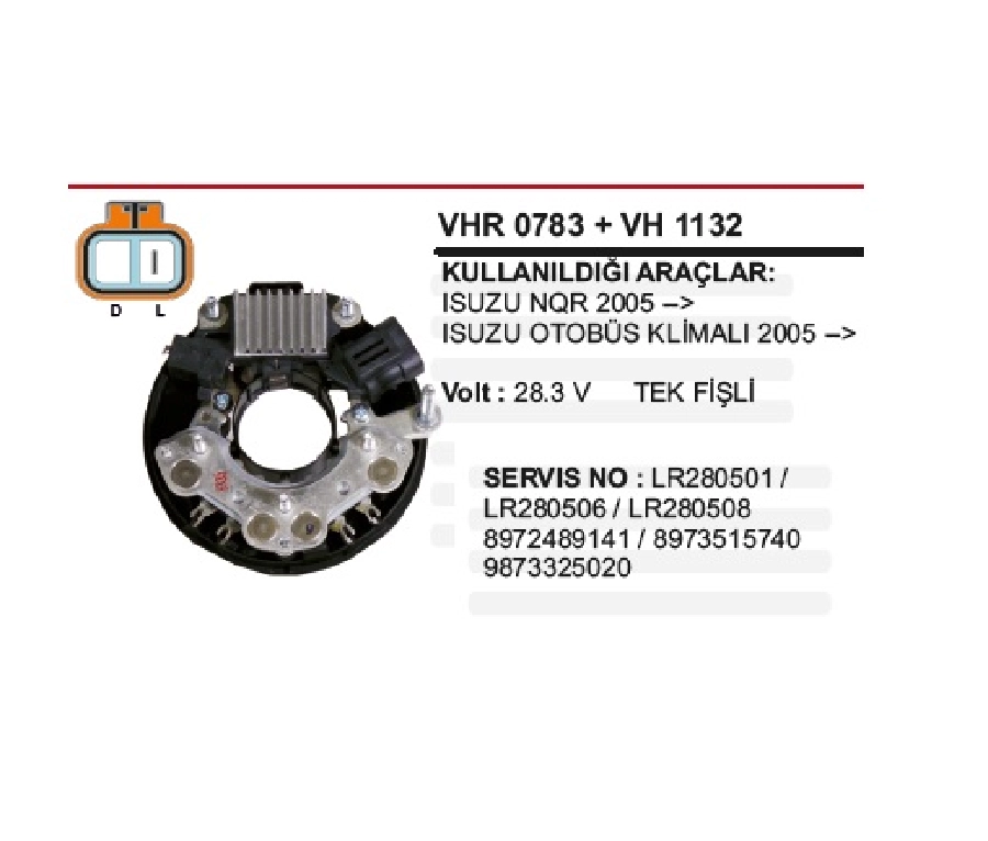 Konjektör + Diyot 24V - Hitachi Tipi Npr-Turkuaz 80A Otobüs Klimalı Tek Fişli *** İnce Civatalı *** | OEM VHR0783+VH1132