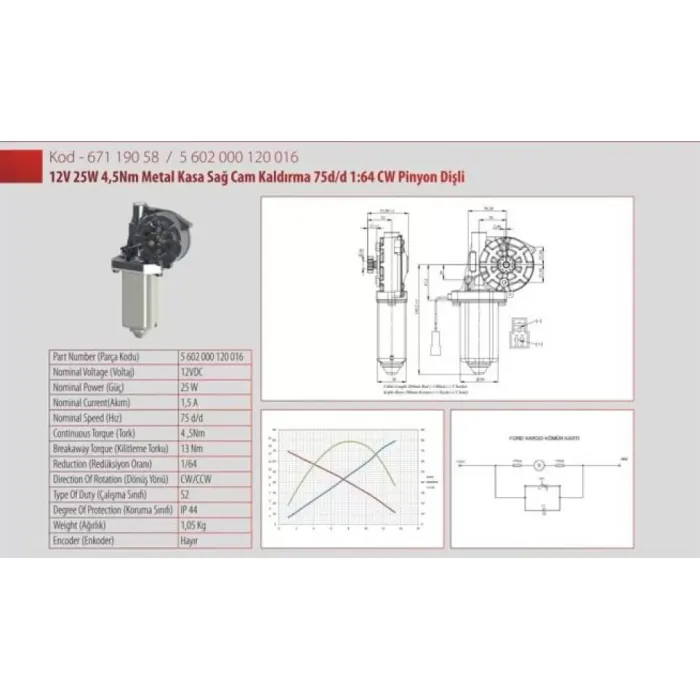 Cam Kaldirma Motoru (Otomatik Kapi Motoru) 12V Metal Govde Sag 67119058 | KORMAS 5 602 000 120 016