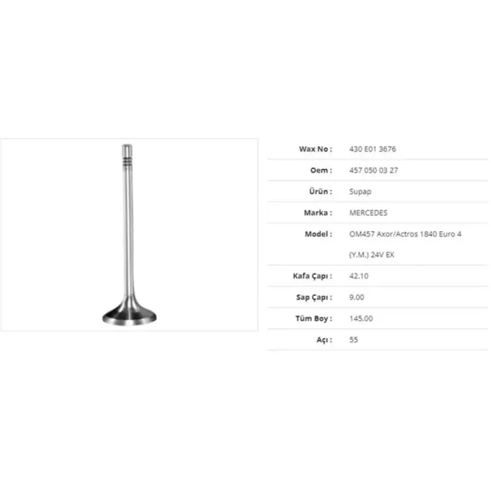 Subap Egzoz Mercedes OM457 Axor/ACTROS1840 Euro 4 (Ym ) 24V 42,1KX9SX145BX55A (12ADET) | WAX 430 E01 3676 | OEM A4570500327 4570500327
