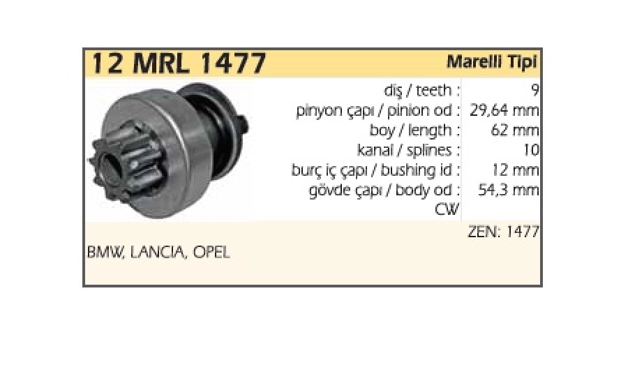 Marş Dişlisi ZEN1477 9 Diş, Cw BMW, Lancia, Opel | OEM 12MRL1477