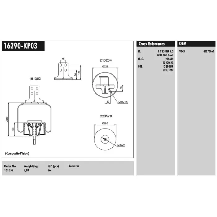 Komple Plastik Piston - Iveco / Stralis 400 / Eurotech 440E Fp / P4X2 Arka Sol | CONNECT MD 16290-KP03 | OEM 41270465