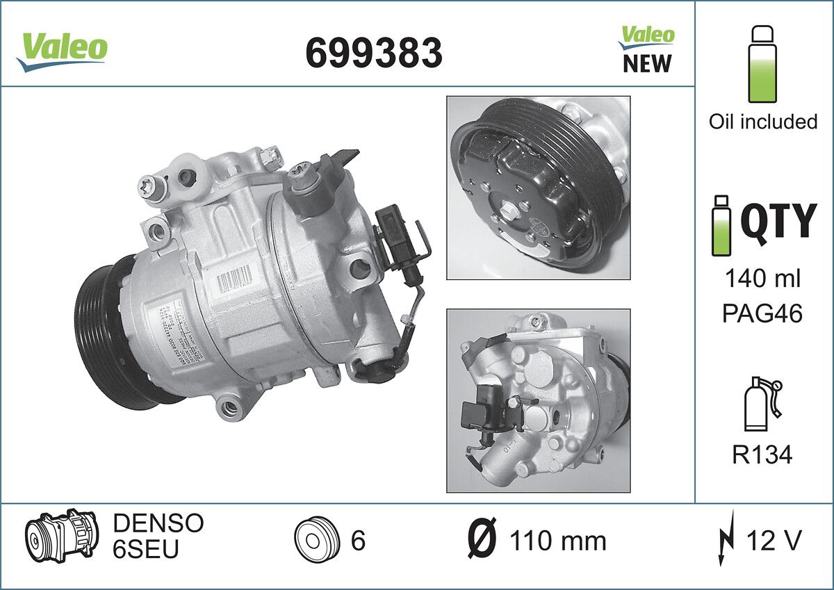 Klima Kompresoru Polo Bora Golf IV Roomster Rapid Fabia Toledo Ibiza Cordoba A2 Bby Bms Bnv Bky Cggb Atd Axr | VALEO 699383 | OEM 8Z0260805A 8Z0260805A 6Q0820803D 6Q0820803H 6Q0820808F 6Q0820803D 6Q0820803H 6Q0820808F
