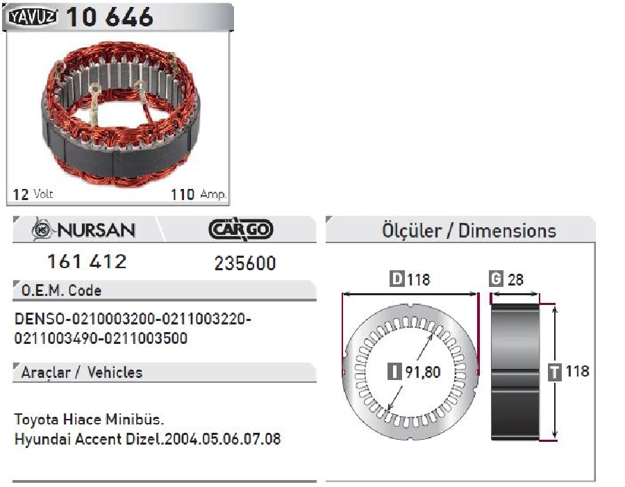 Statör Nippon Denso Tip 12V 110A Toyota Hıace Minibüs Hyundai Accent Dizel 2004.05.06.07.08 (10646) | OEM 161412