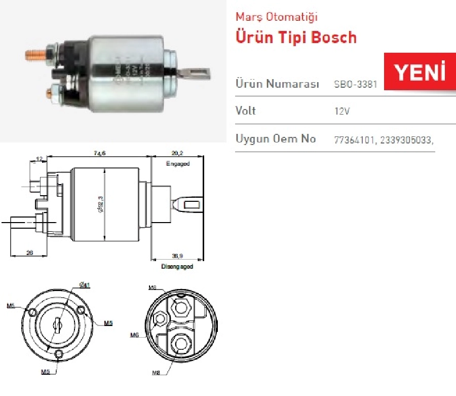 Marş Otom. Bosch Tipi Fiat Ducato, Citroen Jumper Yeni Model, Ford Transit V347, Transporter Yeni Model Mercedes Benz | OEM SBO3381