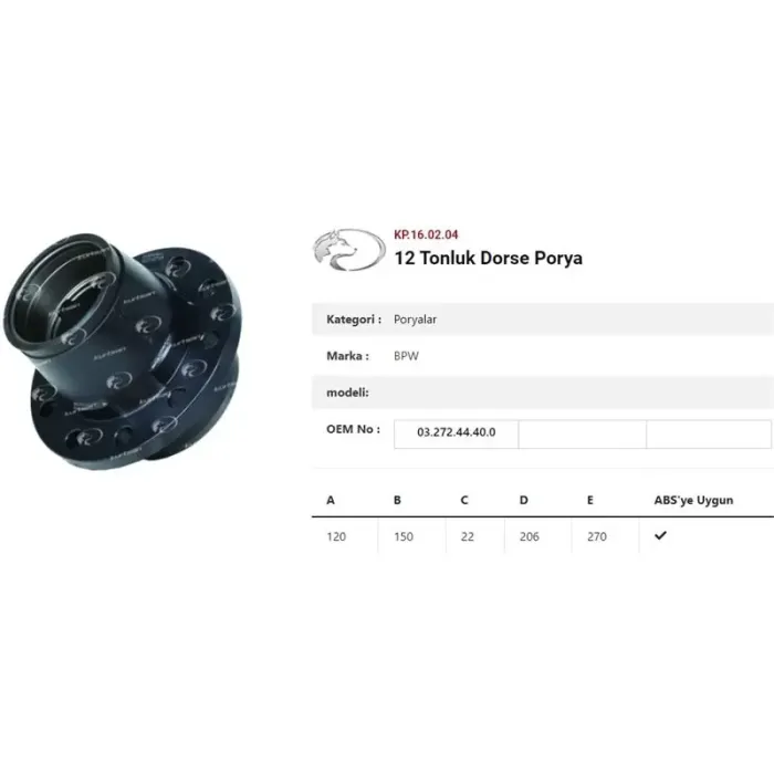 Dingil Poryasi Bpw Römork 6-9 Ton Eco Plus Çakma Bijon | KURTSAN KP.16.02.04 | OEM 03.272.44.40.0