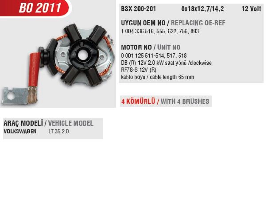 Marş Kömür Yuvası Bosch Tip - VW (Uygun Kömür:BSX200, 201) | OEM BO2011